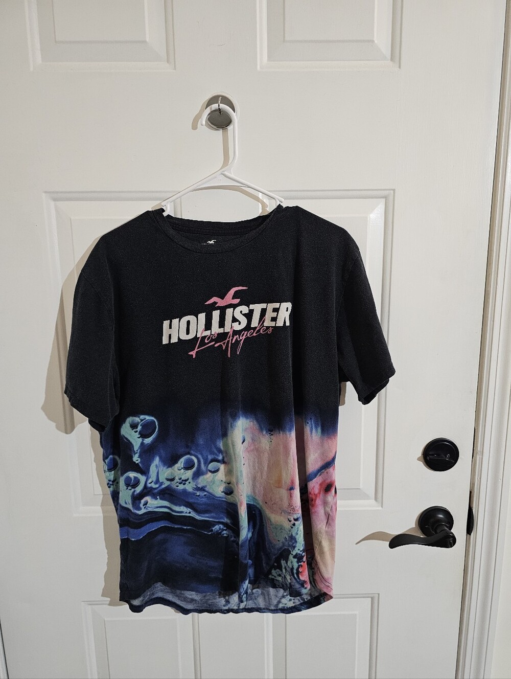 Hollister Black Graphic Tee with Blue, Pink & Cream Tie-Dye